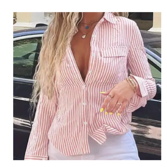 Tops - Pink and White Striped Button-Up Shirt Size Small NWOT